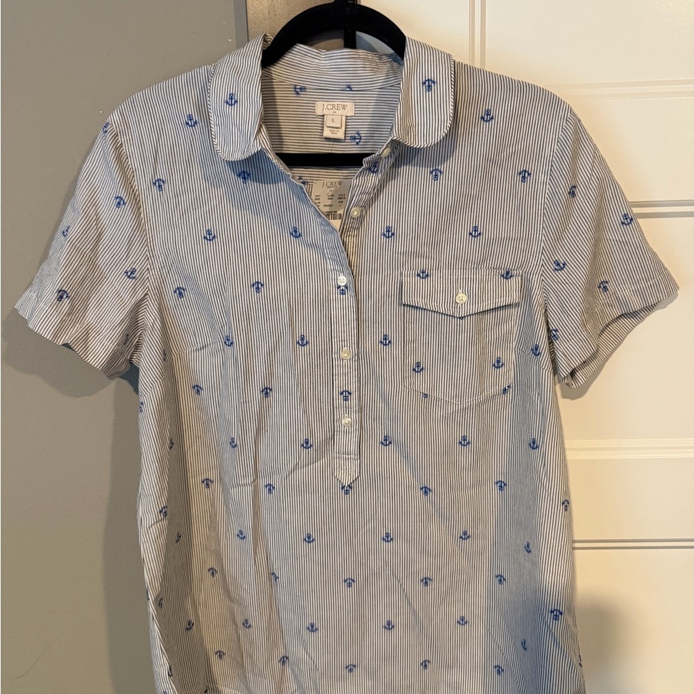 J. Crew Blue and White Striped Short-Sleeve Popover Anchor Shirt